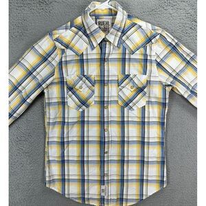 Ruehl Shirt Adult Small S White Blue Plaid Western Cowboy Pearl Snap Button Mens